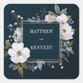 Pegatina Cuadrada Márgenes Dorados Florales de Anémona Blanca Índigo