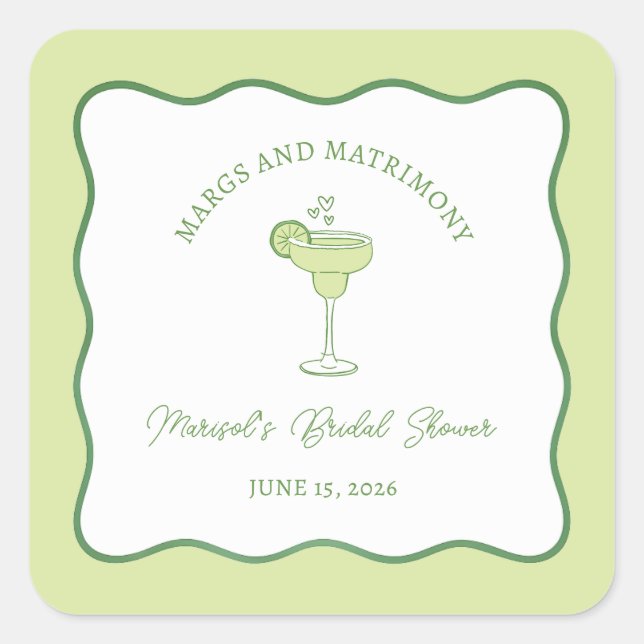 Pegatina Cuadrada "Margs & Matrimony" Margarita Lime Bridal Shower (Anverso)