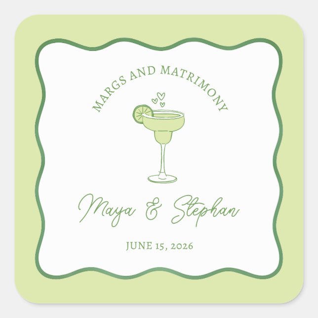 Pegatina Cuadrada "Margs & Matrimony" Simple Lime Margarita Wedding (Anverso)