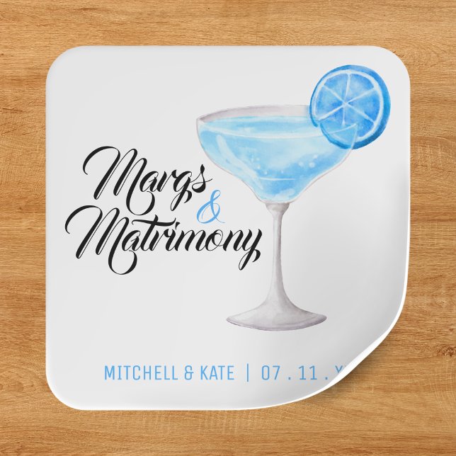Pegatina Cuadrada Margs y Matrimonio Margarita Azul Despedida de Sol (Margs & Matrimony Blue Margarita Bridal Shower Square Sticker
)