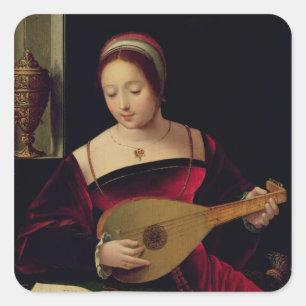 Pegatina Cuadrada María Magdalena jugando al lute