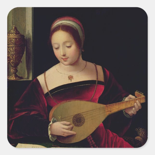 Pegatina Cuadrada María Magdalena jugando al lute (Anverso)