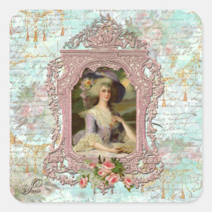 Pegatina Cuadrada Marie Antoinette en marco rosa