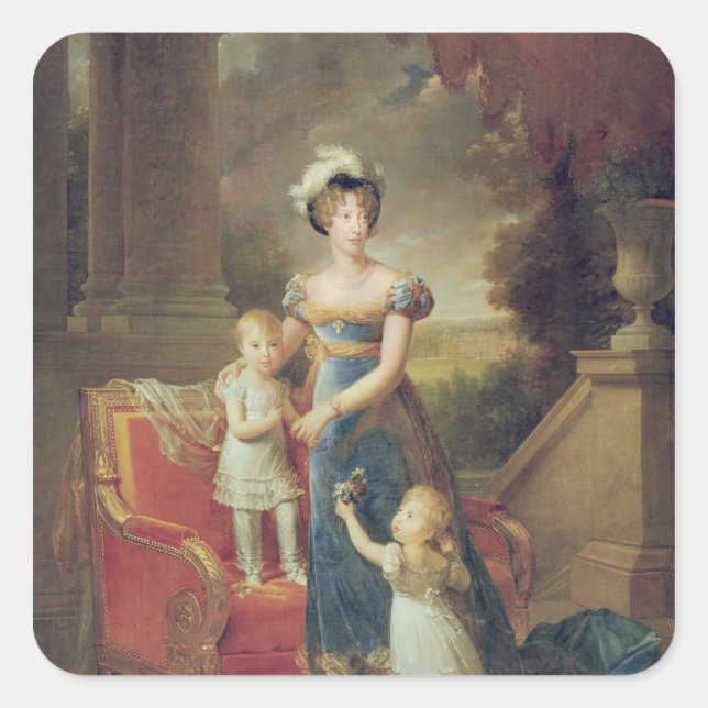 Pegatina Cuadrada Marie-Caroline de Bourbon con sus hijos (Anverso)