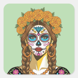 Pegatina Cuadrada Marigold Catrina del Día de los Muertos