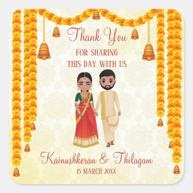 Pegatina Cuadrada Marigold garlands campanas con el boda Tamil Telug (Anverso)