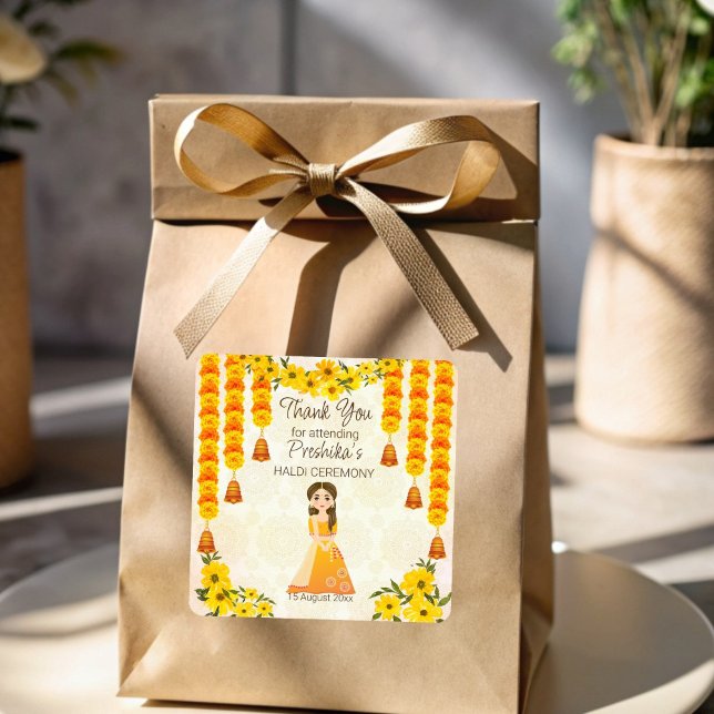 Pegatina Cuadrada Marigolds lindo chica indio Haldi personalizado (Marigolds cute Indian girl Haldi personalized Square Sticker)