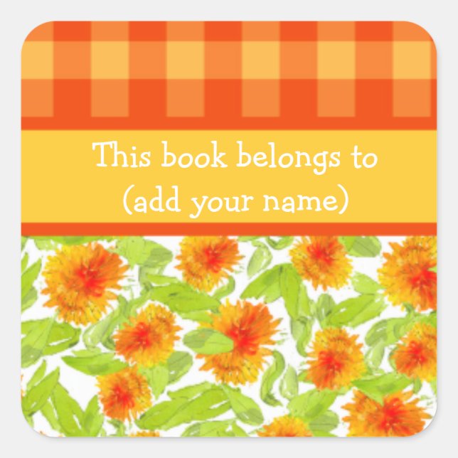 Pegatina Cuadrada Marigolds y Check Gingham Sheet of 20 Bookplate (Anverso)
