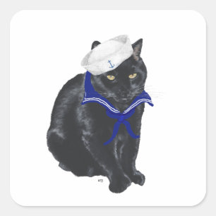 Pegatina Cuadrada Marinero Gato Negro