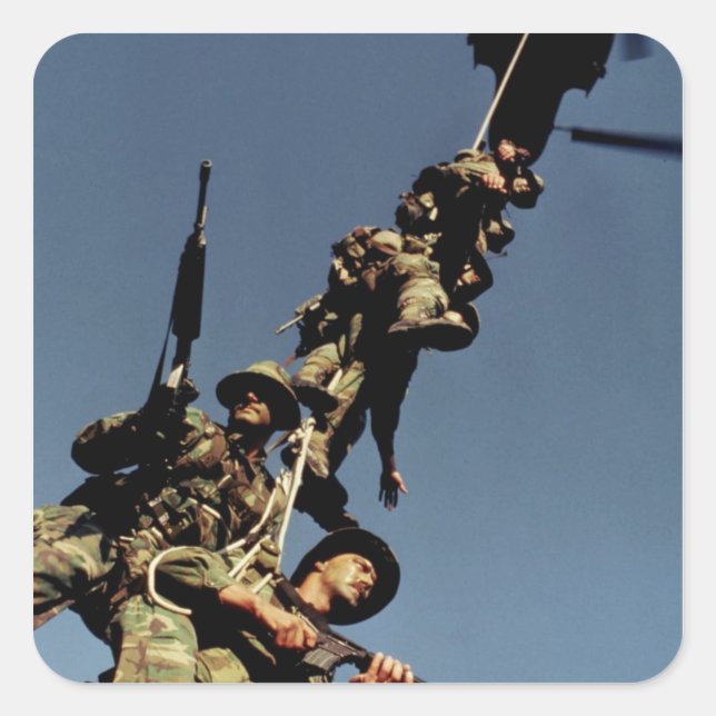 Pegatina Cuadrada Marines en un SPIE RIG un dispositivo de cuerda qu (Anverso)