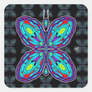 Pegatina Cuadrada Mariposa alienígena (patrón colorido) v3