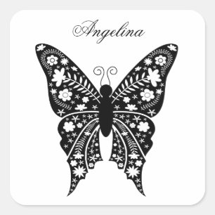 Pegatina Cuadrada Mariposa Artsy Elegante Nombre Blanco y Negro