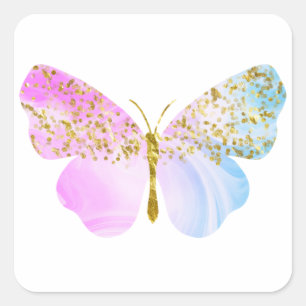 Pegatina Cuadrada Mariposa azul violeta arcoíris con brillo dorado
