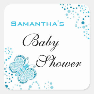 Pegatina Cuadrada Mariposa azul y blanca Baby Shower elegante