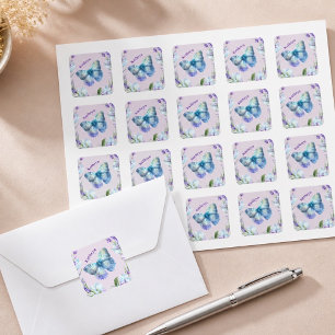 Pegatina Cuadrada Mariposa Azul y Lavanda Personalizados