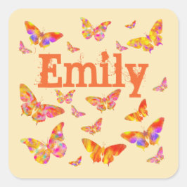 Pegatina Cuadrada Mariposa Colorful Vintage Retro Nombre Emily