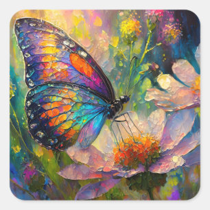Pegatina Cuadrada Mariposa Colorida y Flores Silvestres al Amanecer