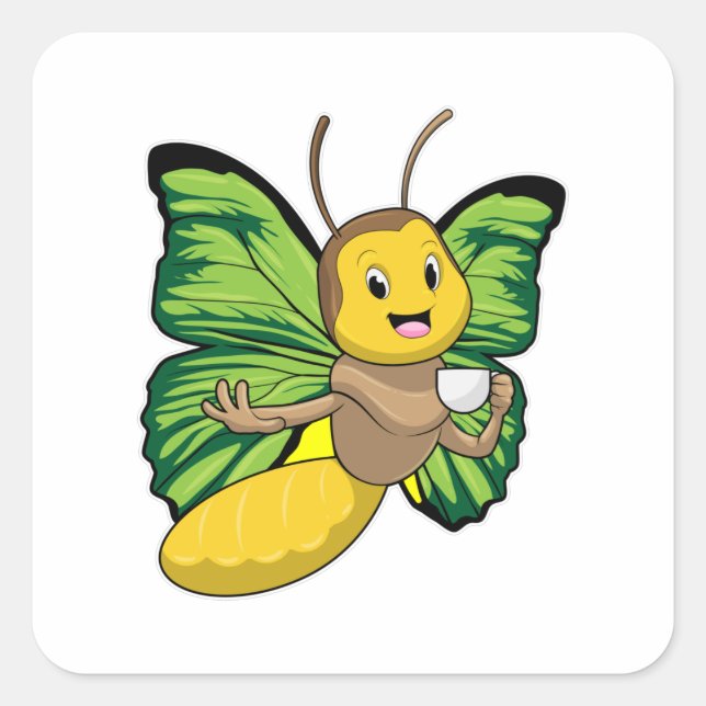 Pegatina Cuadrada Mariposa con taza de café (Anverso)