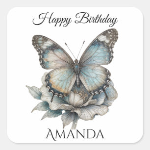 Pegatina Cuadrada Mariposa Cumpleaños Feliz Femenino