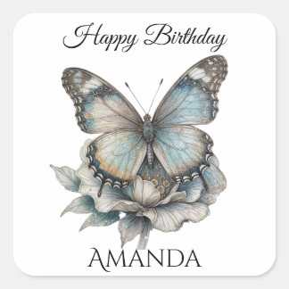 Pegatina Cuadrada Mariposa Cumpleaños Feliz Femenino