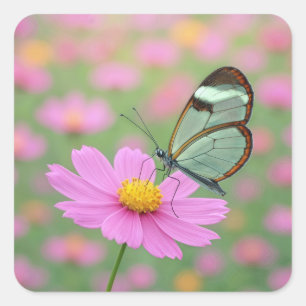 Pegatina Cuadrada Mariposa de alas de vidrio en un cosmos