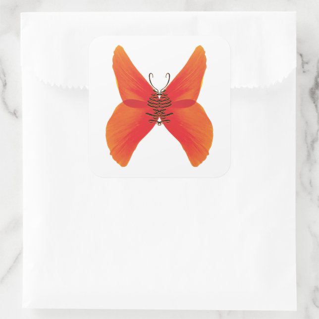 Pegatina Cuadrada Mariposa de amapola roja naranja con su nombre (Bolso)