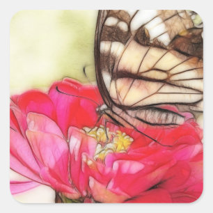 Pegatina Cuadrada Mariposa de cola cruda amarilla en una zinnia
