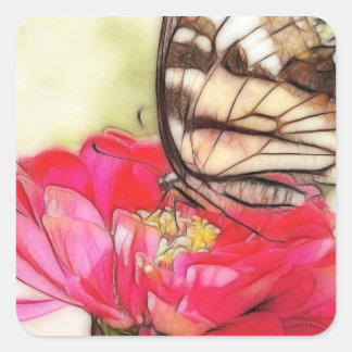 Pegatina Cuadrada Mariposa de cola cruda amarilla en una zinnia