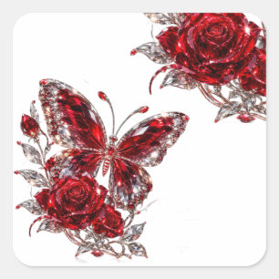 Pegatina Cuadrada Mariposa de cristal de rubí y rosa