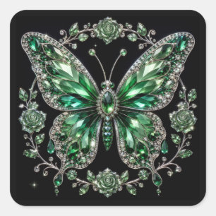 Pegatina Cuadrada Mariposa de Cristal Verde Marco Floral