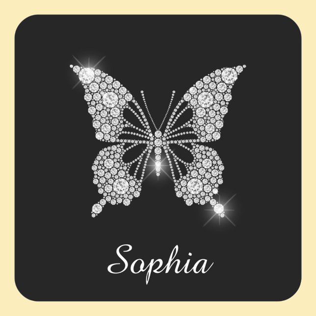Pegatina Cuadrada Mariposa de diamante blanco, nombre de guión DIY,  (Subido por el creador)