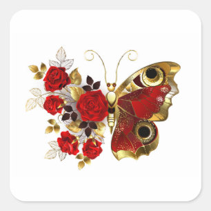 Pegatina Cuadrada Mariposa de flor roja con rosas rojas