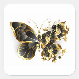 Pegatina Cuadrada Mariposa de flores de oro con orquídea negra