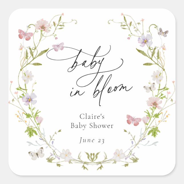 Pegatina Cuadrada Mariposa de flores silvestres, bebé en flor (Anverso)