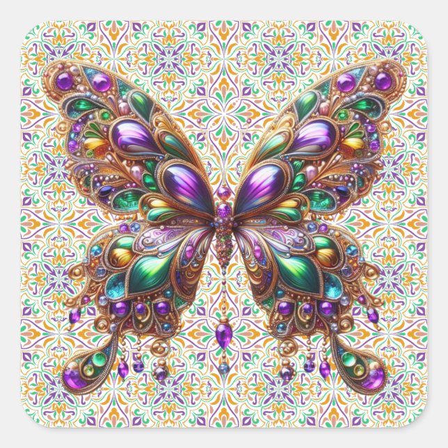 Pegatina Cuadrada Mariposa de Mardi Gras (Anverso)