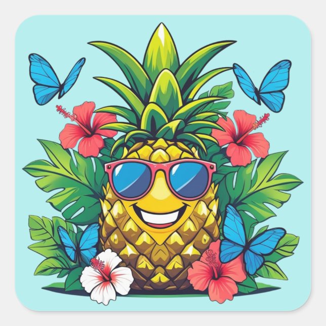 Pegatina Cuadrada Mariposa de piña tropical (Anverso)