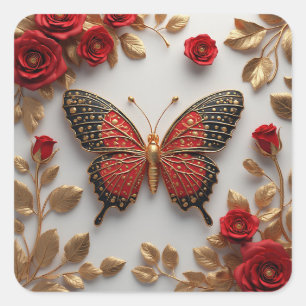 Pegatina Cuadrada Mariposa Dorada Con Rosas Rojas Y Hojas Doradas