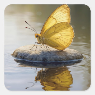 Pegatina Cuadrada Mariposa Dorada Sobre una Roca en Agua