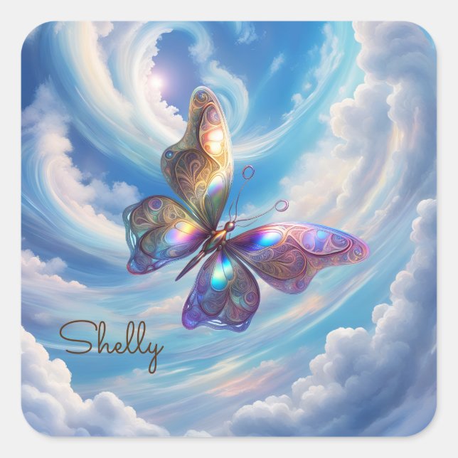 Pegatina Cuadrada Mariposa En Las Nubes (Anverso)
