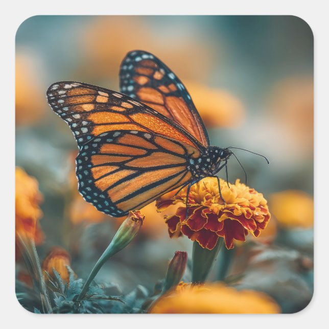 Pegatina Cuadrada Mariposa en una caléndula (Anverso)