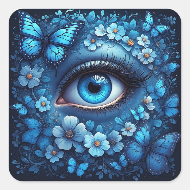 Pegatina Cuadrada Mariposa Flor de Ojo Azul Símbolo Protector (Anverso)
