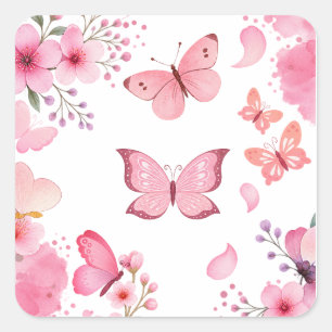 Pegatina Cuadrada Mariposa floral jardín acuarela rosa