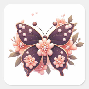 Pegatina Cuadrada Mariposa floral rosa decorativa
