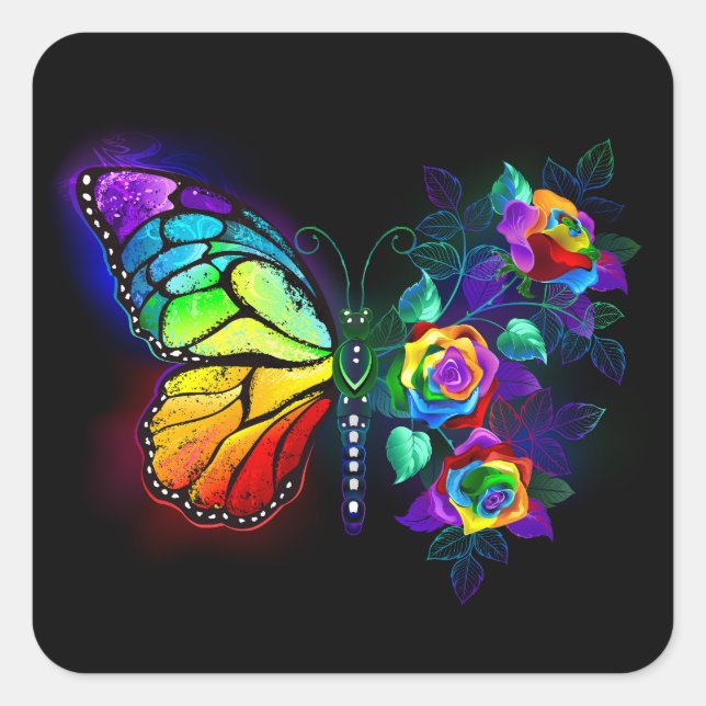 Pegatina Cuadrada Mariposa florida arcoiris (Anverso)