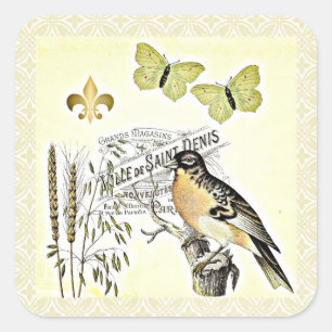 Pegatina Cuadrada Mariposa francesa Fleur del pájaro del collage de
