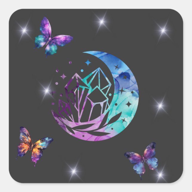 Pegatina Cuadrada Mariposa, luna y cristales (Anverso)