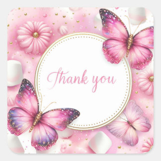 Pegatina Cuadrada Mariposa marshmallow rosada - Gracias -