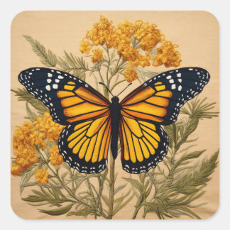 Pegatina Cuadrada Mariposa monarca temática caída en flores de golde