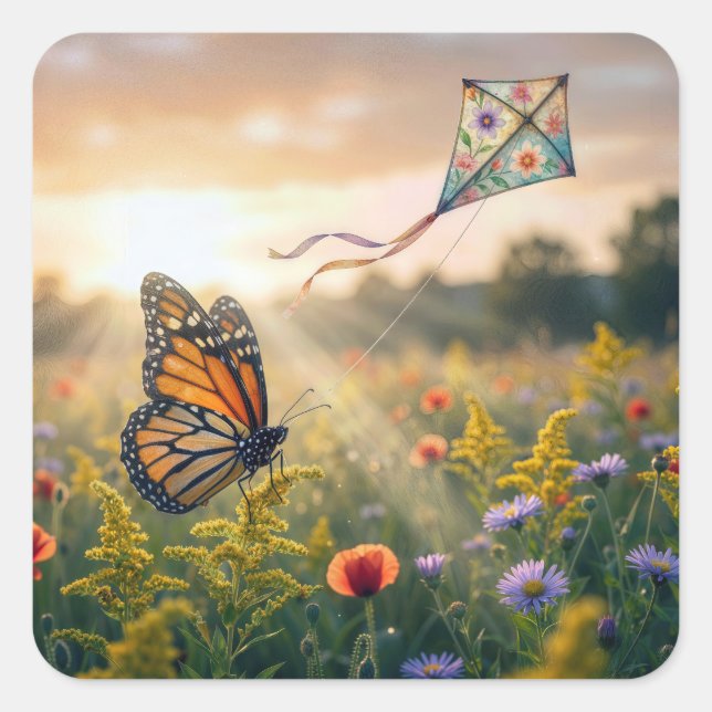 Pegatina Cuadrada Mariposa Monarca Volando una Cometa (Anverso)