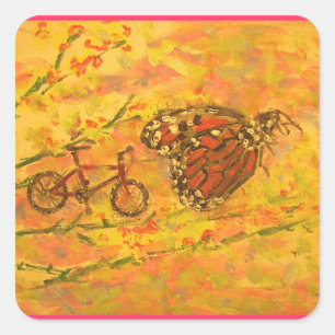 Pegatina Cuadrada mariposa monarca y bicicleta